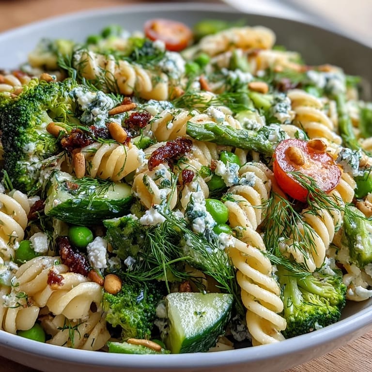 Fresh Spring Garden Pasta Salad with broccoli florets, sweet peas, and crisp cucumber, topped with crumbled feta.