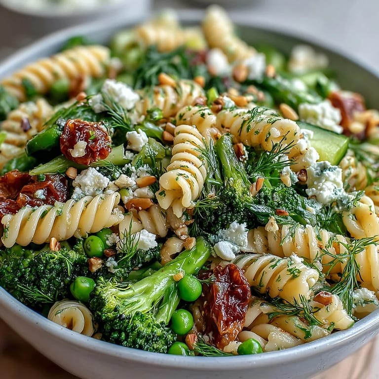 Vibrant Spring Garden Pasta Salad featuring al dente pasta, green vegetables, and a bright lemon-Dijon vinaigrette.