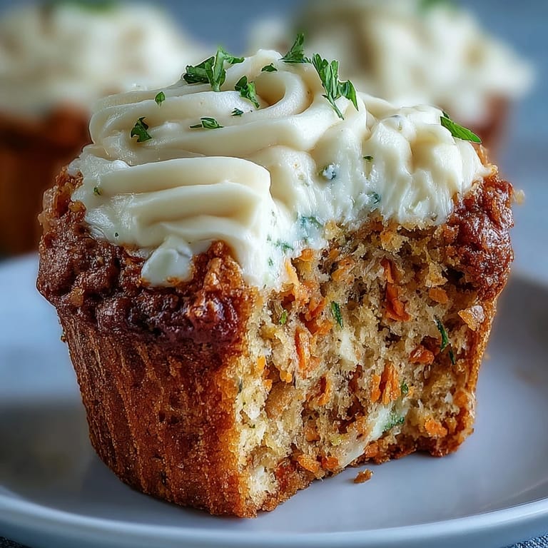 Moist, spiced muffins with vibrant carrot and zucchini, topped with a delicate swirl of creamy, lightly sweetened cream cheese.  