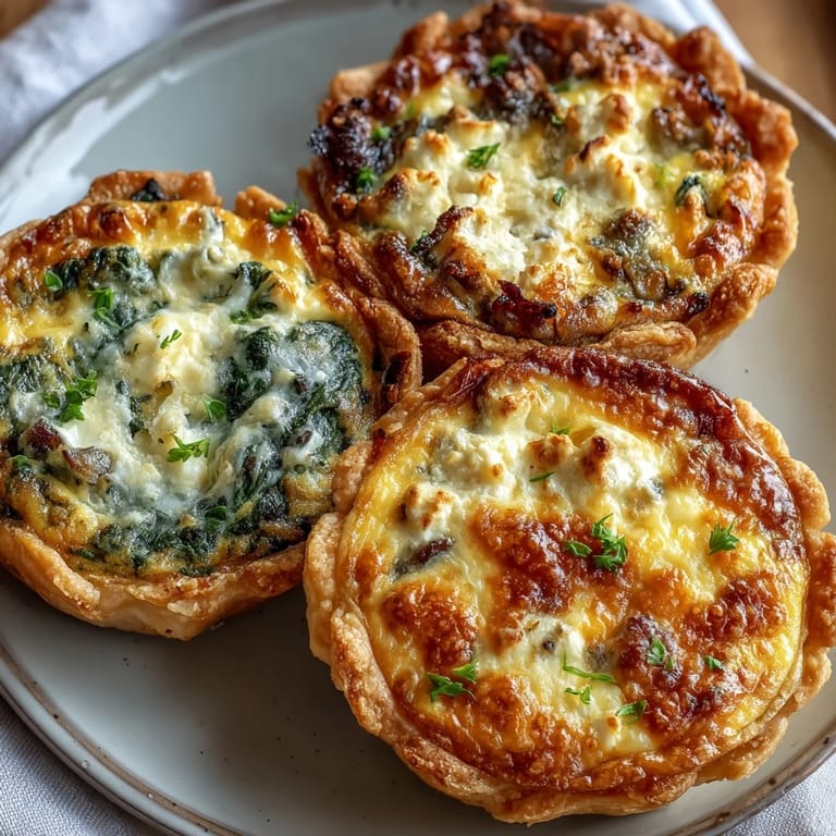 Bite-sized quiche trio showcasing creamy spinach-feta, savory mushroom-Gruyère, and ham-Swiss flavors, ideal for elegant spring gatherings.  