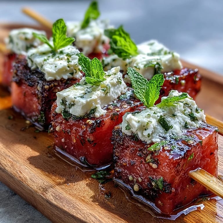 Sweet watermelon cubes paired with tangy feta and mint leaves on skewers, ideal for effortless Mediterranean entertaining.