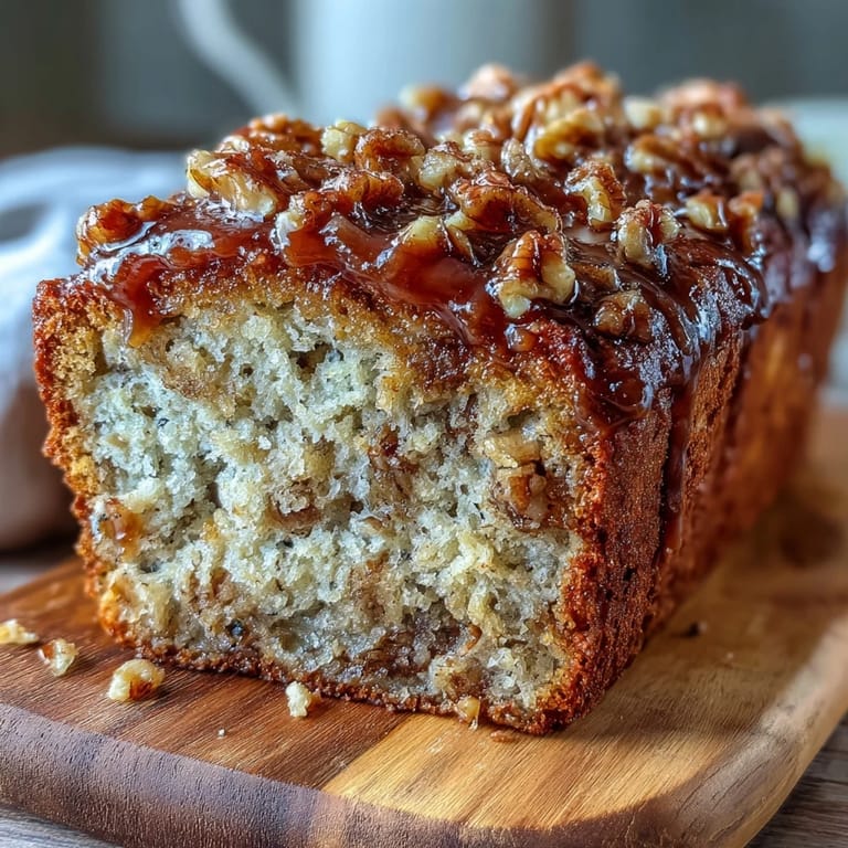 Moist banana bread made with sourdough discard, toasted walnuts, and a cinnamon-spiced brown sugar crust for extra flavor.  