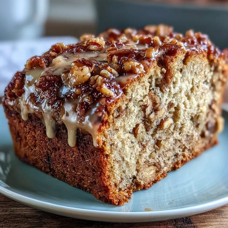 Warm slice of sourdough banana nut bread topped with a crisp brown sugar crust, perfect for breakfast or snacking.