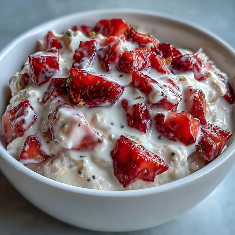Strawberry and lemon zest overnight oats topped with poppy seeds, perfect for a light and flavorful breakfast.