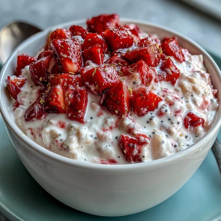 Overnight oats layered with juicy strawberries, lemon zest, and poppy seeds for a refreshing and satisfying morning meal.  