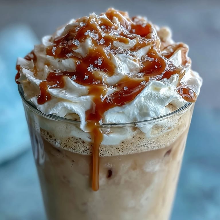 Two tall glasses filled with blended vanilla bean frappuccino, whipped cream, and caramel drizzle on a marble countertop.