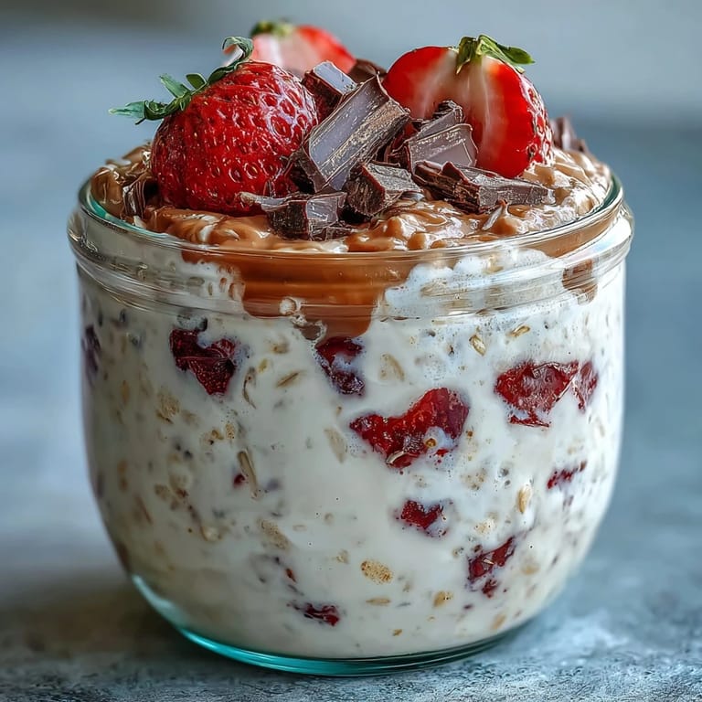 Decadent strawberry chocolate chunk overnight oats jar, featuring juicy strawberries, chocolate chunks, and a creamy oat base.