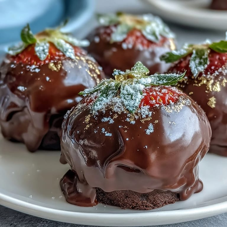 Elegant strawberry-infused chocolate truffles dipped in dark chocolate, finished with gold leaf accents—perfect for special occasions and gifting.