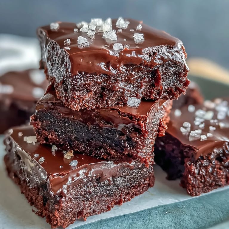 Gooey sourdough discard brownies with a crackly top, balanced by a touch of flaky sea salt for gourmet appeal.