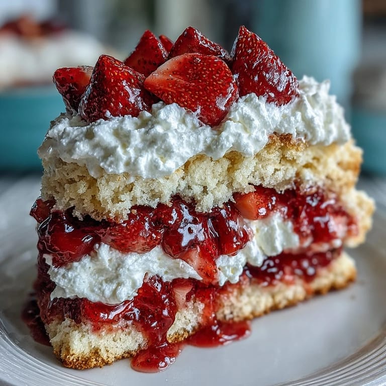 Fluffy buttermilk biscuits layered with juicy strawberries and vanilla-scented whipped cream in a classic dessert.