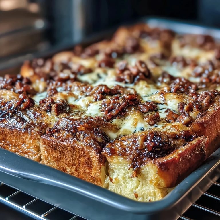 A brunch centerpiece of fluffy brioche French toast baked with blueberries, topped with crunchy pecans and powdered sugar.  
