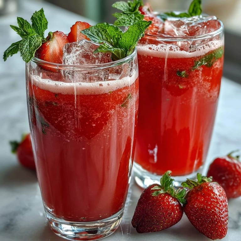 A glass of Strawberry Basil Lemonade garnished with a basil sprig and strawberry slice, offering a burst of sweet, herbal, and citrus flavor.