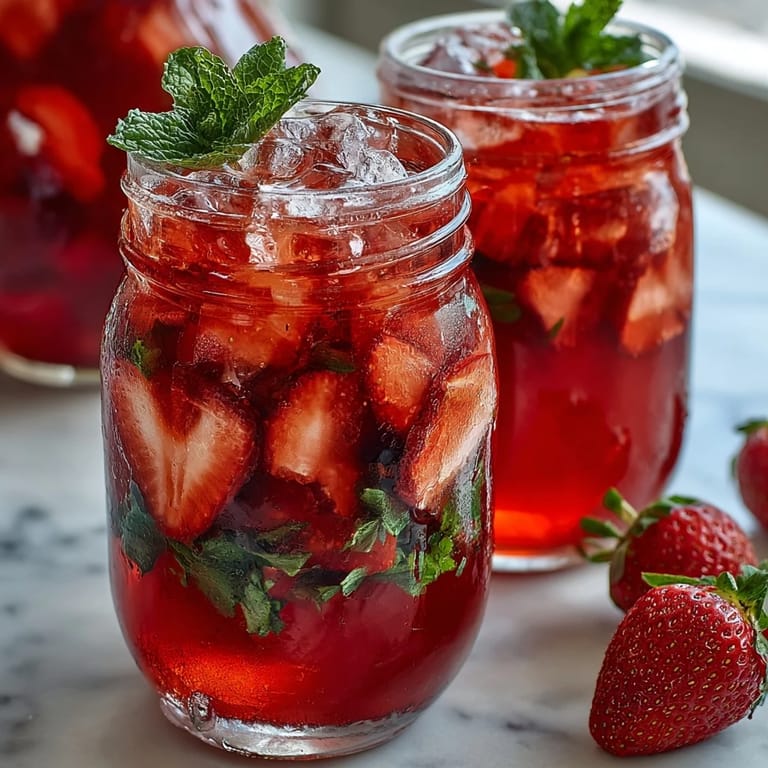 Refreshing Strawberry Basil Lemonade served over ice with vibrant red berries and green basil leaves, ideal for spring gatherings or picnics.