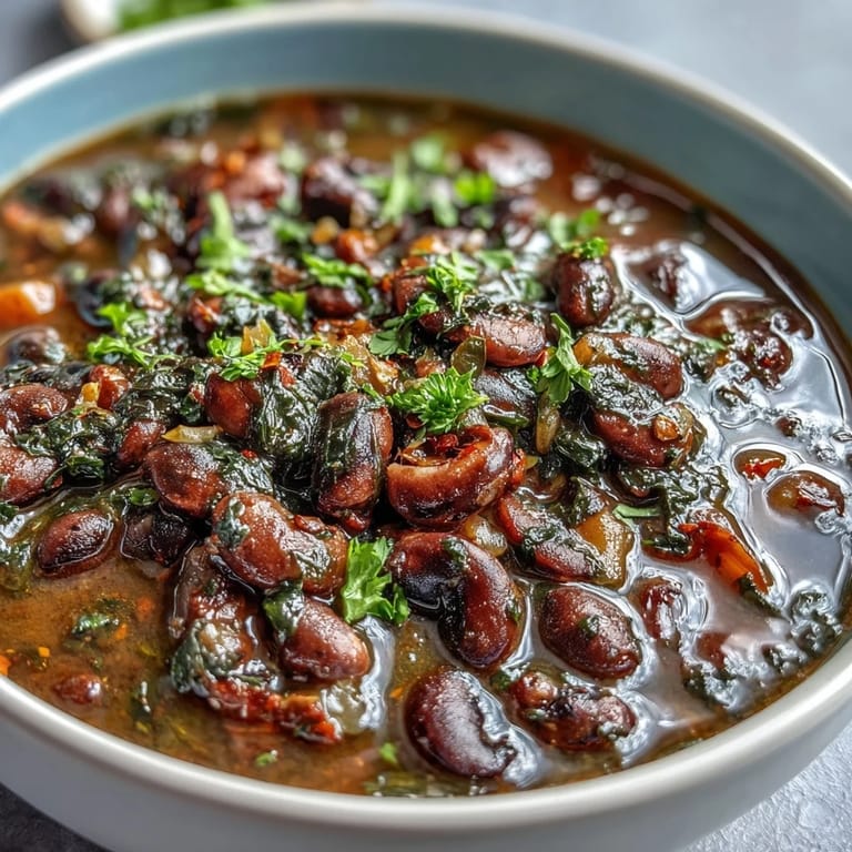 A steaming bowl of Southern-style Black-Eyed Pea and Collard Green Stew, packed with earthy legumes, tender greens, and warm spices.