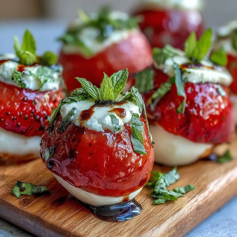 Vibrant strawberry caprese skewers featuring juicy berries, creamy mozzarella, fresh basil, and tangy balsamic drizzle.