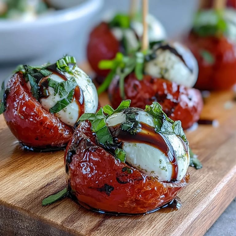 Sweet strawberry and mozzarella caprese skewers with basil leaves and balsamic reduction, ideal party appetizer.