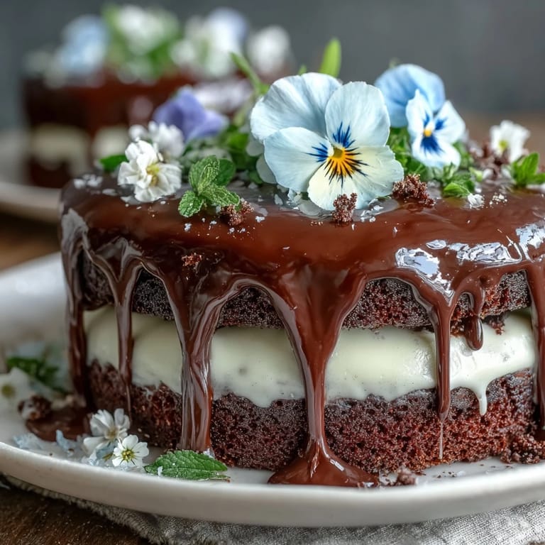 Elegant Spring Floral Drip Cake with Lemon Frosting, adorned with edible blossoms and a pastel white chocolate drip for a fresh seasonal dessert.