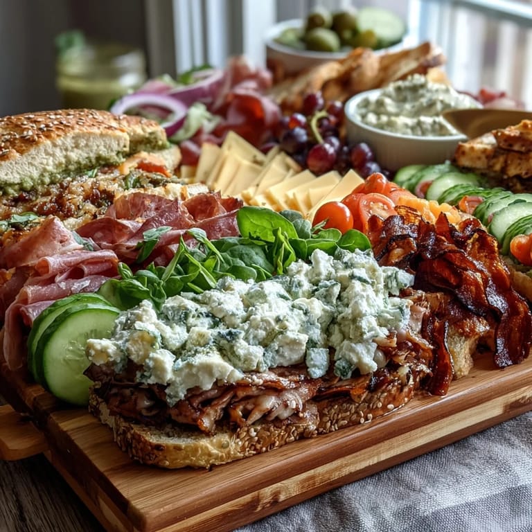 Artfully arranged Loaded Deli Sandwich Board with hearty breads, savory deli meats, creamy cheeses, and fresh toppings for a delightful picnic spread.