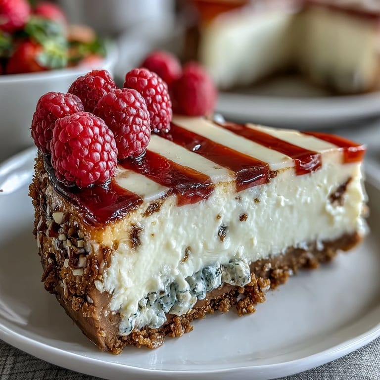 Creamy, chilled cheesecake with graham cracker crust topped with strawberries, blueberries, and raspberries forming a patriotic flag design.