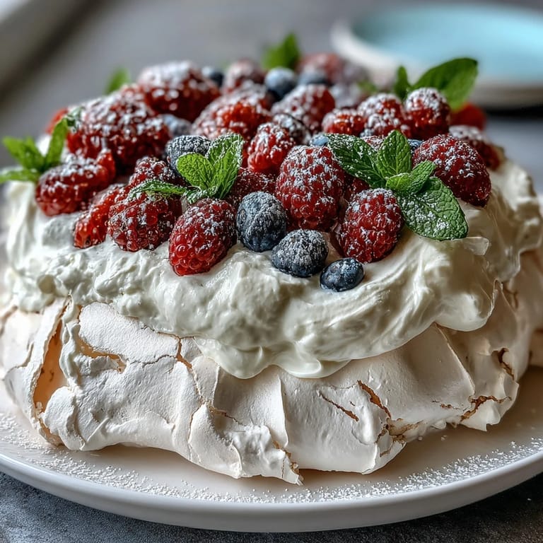 Fluffy pavlova with a soft marshmallow center, crowned with fresh strawberries, raspberries, and blueberries.