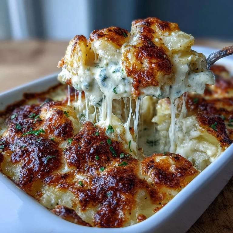 Layers of thinly sliced Yukon Gold potatoes and onions baked in a rich, cheesy sauce with a golden, crispy top.