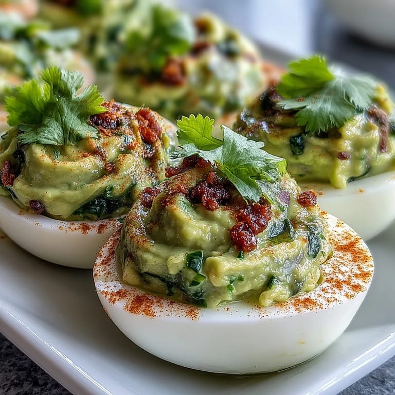 A close-up of guacamole stuffed deviled eggs garnished with cilantro, showcasing the vibrant green filling and classic egg white halves.