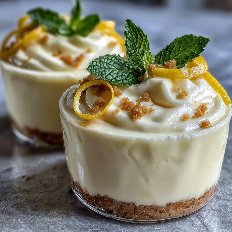 Elegant individual lemon mousse served with crisp shortbread cookies, topped with lemon zest curls and mint for a light, creamy treat.  