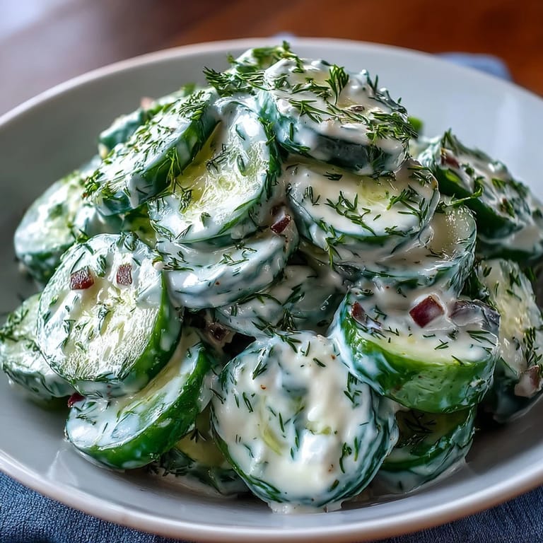 Cool cucumbers and red onion coated in rich sour cream dill dressing, a simple gluten-free salad bursting with fresh, garden-fresh flavors.