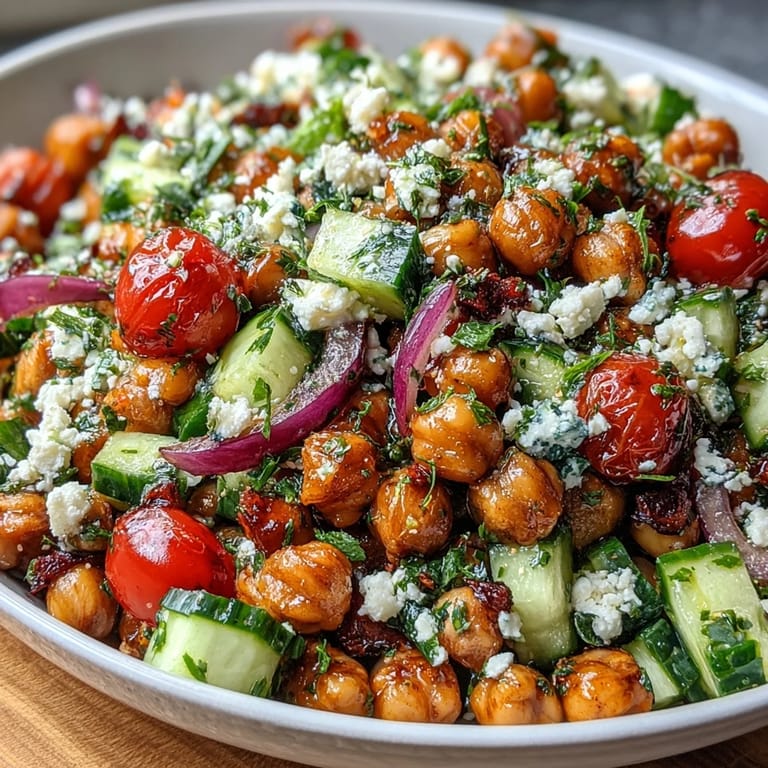 Vibrant chickpea salad bursting with lemon, parsley, mint, and crisp cucumber for a refreshing vegan dish.