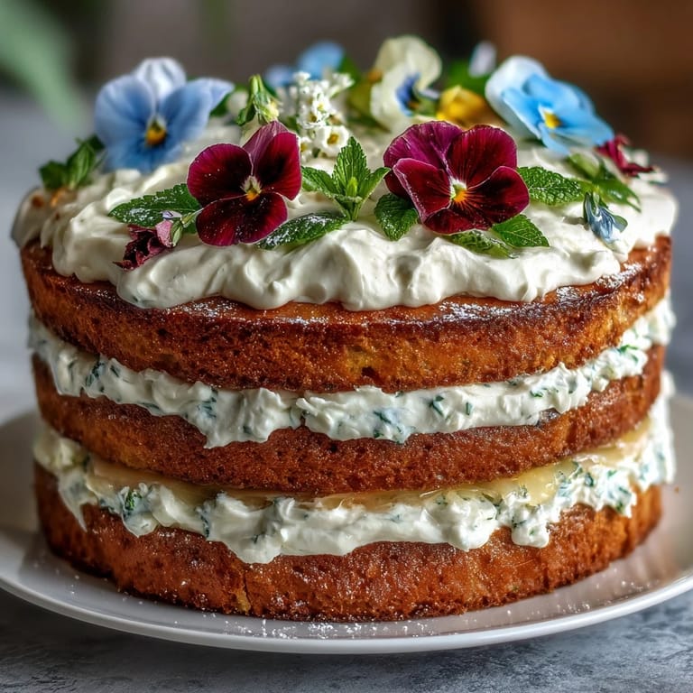 Delicate lemon curd sponge cake layered with whipped cream and adorned with vibrant pressed edible flowers for a stunning spring dessert.