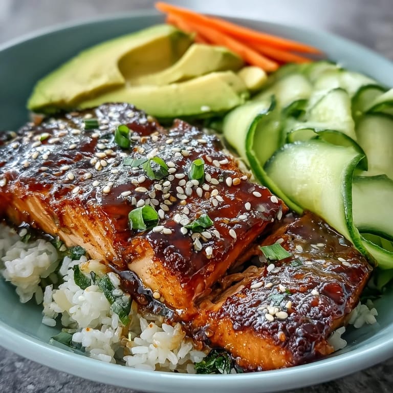 Savory teriyaki salmon fillets over fluffy rice, topped with avocado, cucumber, and sesame seeds for a vibrant meal.  