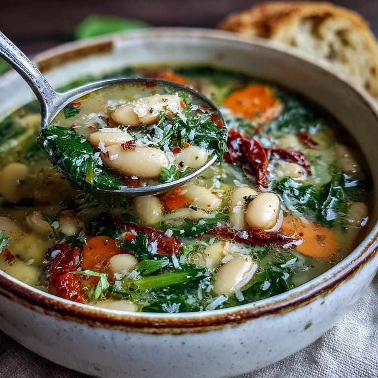Steaming bowl of Tuscan White Bean and Spinach Soup, perfect vegetarian weeknight dinner.