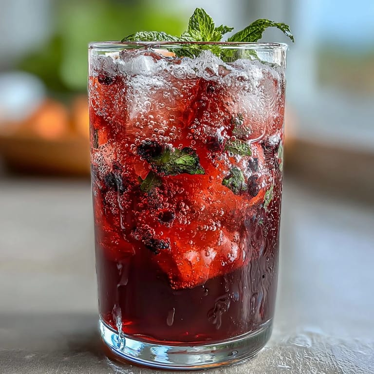 Vibrant hibiscus and mint-infused lemonade mocktail with lemon slices, ice, and sparkling bubbles in a tall glass.