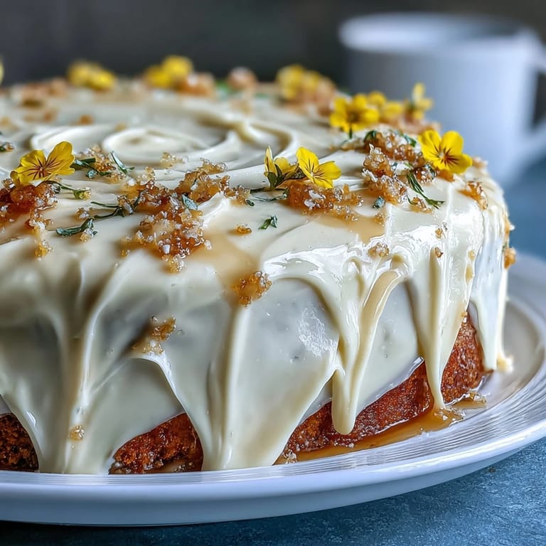 Elegant lemon cake layered with silky cream cheese frosting, decorated with pansies and violets for a baby shower centerpiece.
