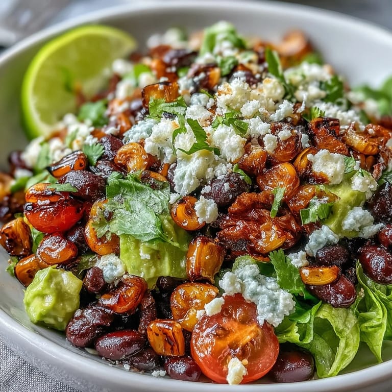 Vibrant grilled corn kernels and black beans tossed with fresh vegetables and crunchy tortilla chips in a taco salad.  