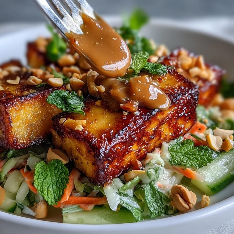 Creamy peanut dressing drizzled over Thai mango salad with crispy tofu and crunchy peanuts for bold flavor.