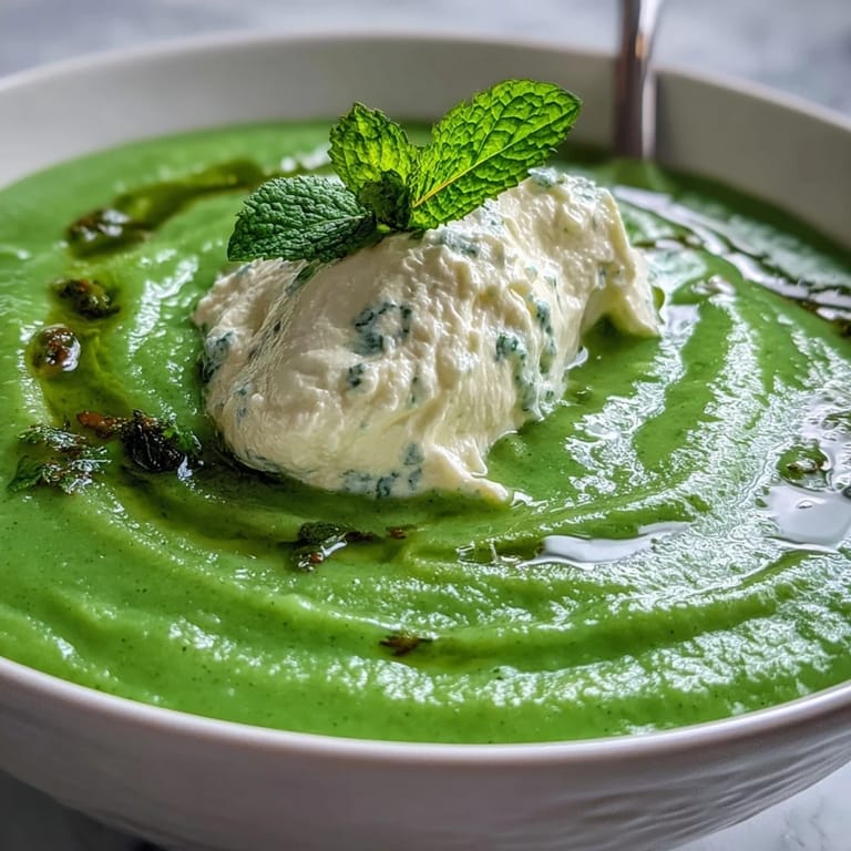 Creamy green pea soup with a dollop of airy whipped ricotta, garnished with fragrant mint oil and fresh peas.