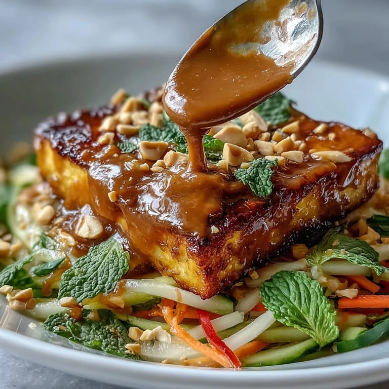 Golden pan-fried tofu cubes top a colorful mix of julienned mango, crisp vegetables, and fresh herbs.  
