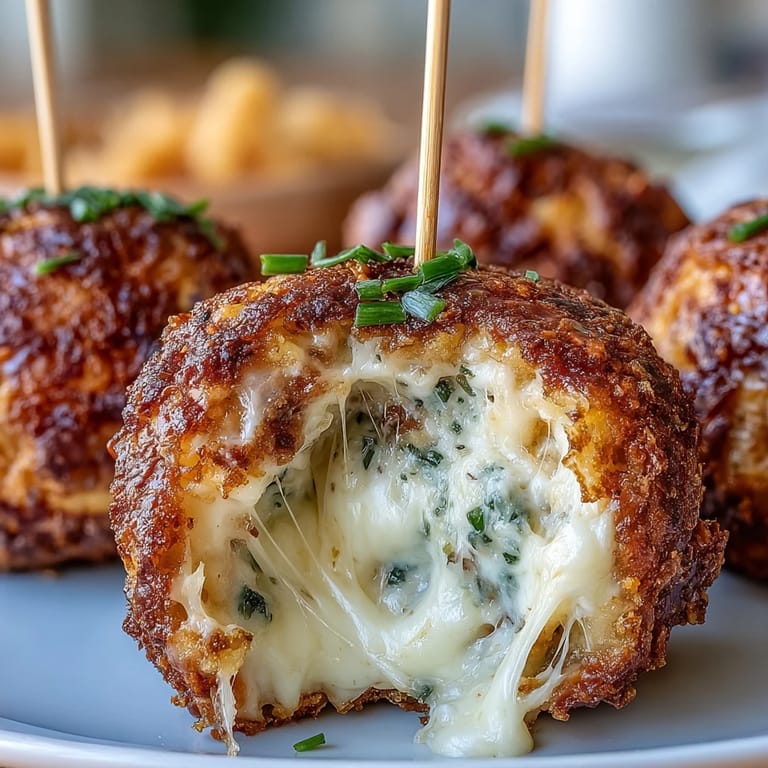 Baked cheese balls with green olives peeking through golden crust, served warm on decorative skewers for festive gatherings.
