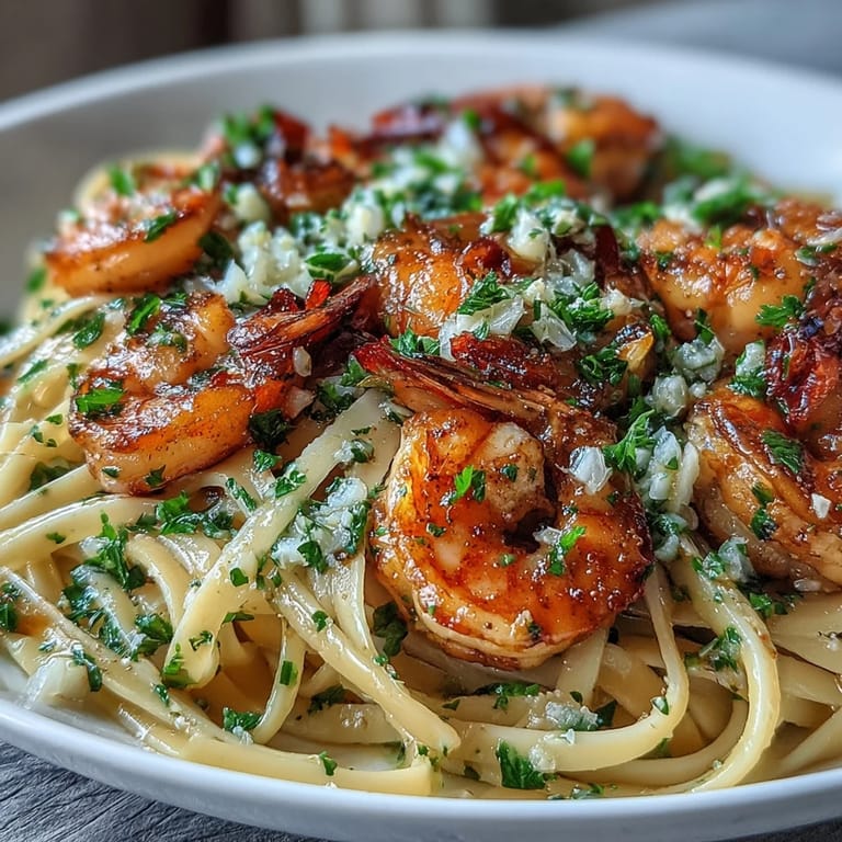 Golden pan-seared shrimp atop linguine in a bright lemon-garlic sauce.