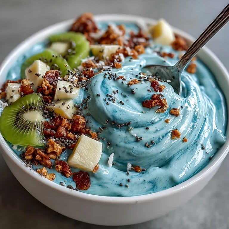 Refreshing blue spirulina smoothie bowl, perfect healthy breakfast, artfully topped.
