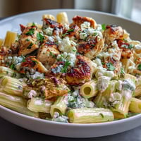 Creamy Lemon Feta Chicken Pasta in a skillet, golden chicken and penne coated in a silky lemon cream sauce.