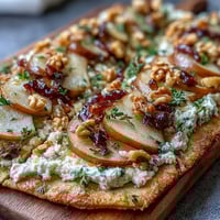 Crispy baked Goat Cheese & Pear Flatbread with hot honey drizzle on a rustic wooden board, ready to slice and share.