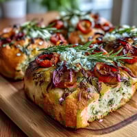 Baby in Bloom Herb Focaccia with Floral Veggie Art features vibrant bell pepper flowers and herb stems atop golden, herb-infused bread.