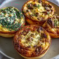 Mini Quiche Trio for Spring Showers: golden pastry shells filled with spinach, mushroom, and ham, baked to perfection for brunch or appetizers.  