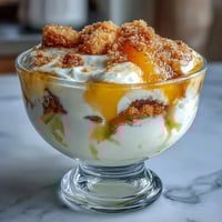Fluffy yogurt lemon parfait with sourdough crumb topping in a glass, topped with fresh berries and mint leaves.