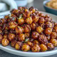 Golden crispy baked chickpeas tossed with smoky paprika and cumin, perfect for healthy snacking or salad toppings.
