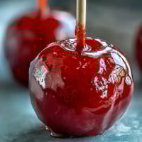 Bite-sized mini candy apples on sticks, glistening with a bright red candy shell, perfect for festive parties.
