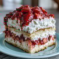 Classic strawberry shortcake with golden biscuit layers, fresh macerated strawberries, and whipped cream.