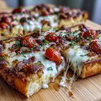 Kentucky Derby Hot Brown Flatbread Pizza with roasted turkey, crispy bacon, juicy tomatoes, and creamy Mornay sauce on golden crust.